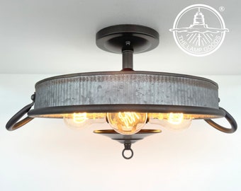 Galvanized Flat Tub Reeded Ceiling Light Fixture- Laundry Room Metal Kitchen Farmhouse Lighting Pendant Chandelier Flush Mount Rustic Lamp