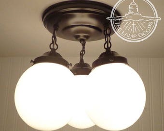 Milk Glass Globe CEILING LIGHT Chain Trio of Winterport II- Flush Mount Lighting Bathroom Kitchen Fixture Farmhouse Mid-Century Dome Modern