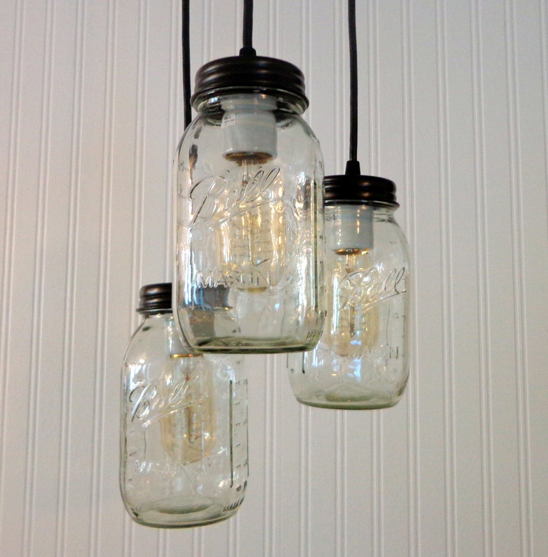 Mason Jar CHANDELIER Lighting Pendant Trio New Quarts Rustic Farmhouse Mason Jar Light Fixture Bathroom Kitchen Dining image 6