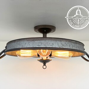 Galvanized Flat Tub Laundry Room Ceiling Light Fixture Metal LOFT Kitchen Farmhouse Pendant Chandelier Flush Mount Farmhouse Man LampGoods image 8