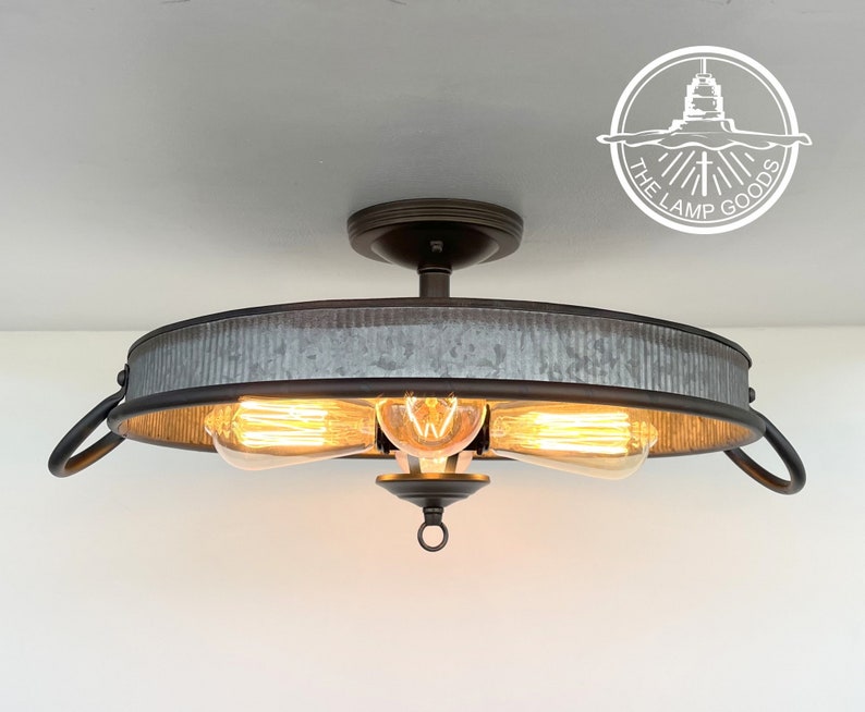 Galvanized Flat Tub Laundry Room Ceiling Light Fixture Metal LOFT Kitchen Farmhouse Pendant Chandelier Flush Mount Farmhouse Man LampGoods image 8