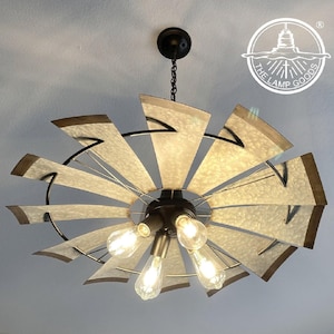 Farmhouse Windmill Chandelier STATIONARY Lighting Fixture 30" - Modern Farmhouse Ceiling Galvanized Kitchen Island Dining Bathroom Vintage
