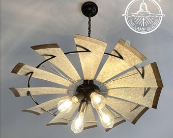 Farmhouse Windmill Chandelier STATIONARY Lighting Fixture 30" - Modern Farmhouse Ceiling Galvanized Kitchen Island Dining Bathroom Vintage