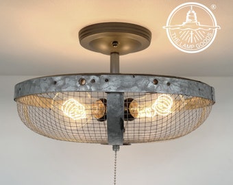 Industrial Farmhouse Screen Flush Mount Ceiling Light -Laundry Room Lighting Fixture Bathroom On/Off Switch Kitchen Galvanized Metal Sieve