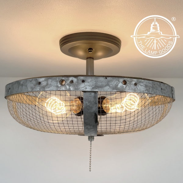 Industrial Farmhouse Screen Flush Mount Ceiling Light -Laundry Room Lighting Fixture Bathroom On/Off Switch Kitchen Galvanized Metal Sieve