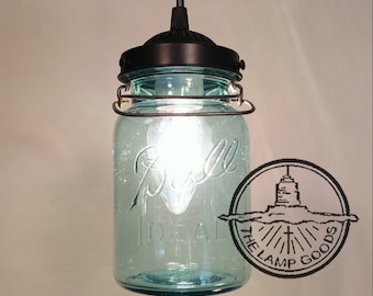 Vintage BLUE Canning Jar PENDANT Light - Farmhouse Chandelier Ceiling Lighting Fixture Rustic Old Antique Country Kitchen Island Bathroom