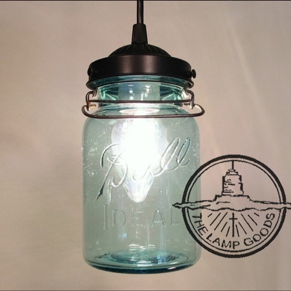 Vintage BLUE Canning Jar PENDANT Light - Farmhouse Chandelier Ceiling Lighting Fixture Rustic Old Antique Country Kitchen Island Bathroom