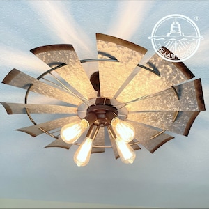 Farmhouse Windmill Chandelier Semi Flush Light Fixture 30&quot;- Modern Rustic Kitchen Living Room Laundry Ceiling Lighting Galvanized Metal Lamp