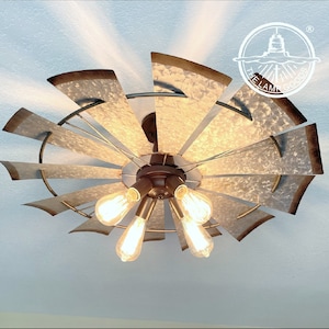 Farmhouse Windmill Chandelier Semi Flush Light Fixture 30"- Modern Rustic Kitchen Living Room Laundry Ceiling Lighting Galvanized Metal Lamp