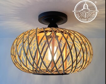 Rattan Boho Rustic Farmhouse Ceiling Light Fixture - Flush Mount Lighting Cottage Modern Chandelier Kitchen Bathroom Nursery Hallway Entry