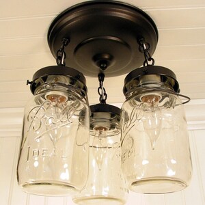 Mason Jar LIGHT FIXTURE Chain Trio of Vintage Quarts Rustic Farmhouse Chandelier Lighting Ceiling Antique Kitchen Pendant Bathroom Pantry image 4