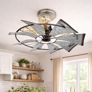Farmhouse Galvanized Windmill STATIONARY Ceiling Light 16"-Semi Flush Mount Lighting Fixture Modern Farmhouse Chandelier Kitchen Galvanized