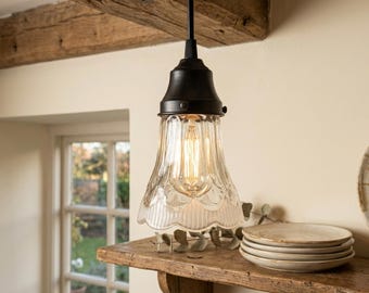 Delicate Taper Frosted Edge Pendant Light | Vintage Glass Pendant | Farmhouse Ceiling Light | Kitchen Island, Entryway, Bedroom Lighting