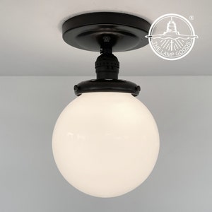 Modern Globe CEILING LIGHT with Antique Details Mid Century Flush Mount Dome Lighting 6&quot; Opal Milk Glass Kitchen Bathroom Office Schoolhouse