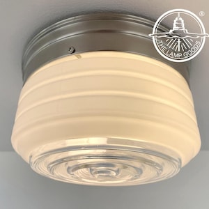 MID CENTURY 1970&#39;s Retro DRUM Brushed Nickel Flush Mount Ceiling Light - Vintage Lighting Fixture Kitchen Bathroom Low Profile Antique Lamp