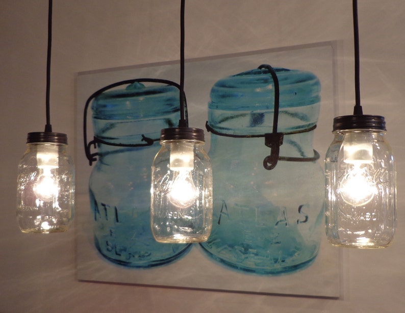 Mason Jar TRACK LIGHTING Pendant Trio - Rustic Chandelier Farmhouse Light Ceiling Flush Mount Kitchen Bathroom Lamp Hanging Canning Lamp image 6