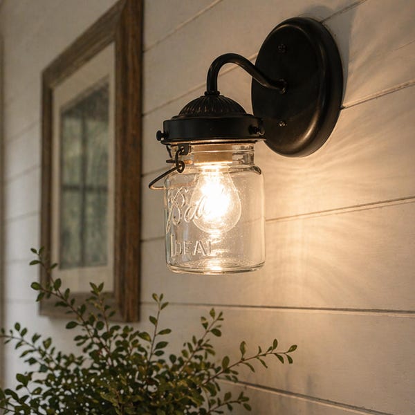 Vintage Mason Jar SCONCE 1930's Lighting Fixture Pint -Rustic Flush Mount Wall Light Farmhouse Vanity Bathroom Kitchen Ceiling Chandelier