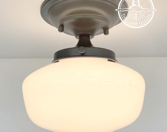 Vintage Milk Glass Ceiling Light With Dusty BLUE HARDWARE - Farmhouse Flush Mount Schoolhouse Lighting Traditional Kitchen Lamp Bathroom