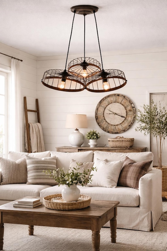 Rustic Industrial Cage CHANDELIER TRIO Light