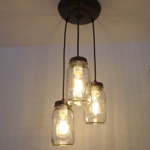 Mason Jar CHANDELIER Lighting Pendant Trio New Quarts Rustic Farmhouse Mason Jar Light Fixture Bathroom Kitchen Dining image 4