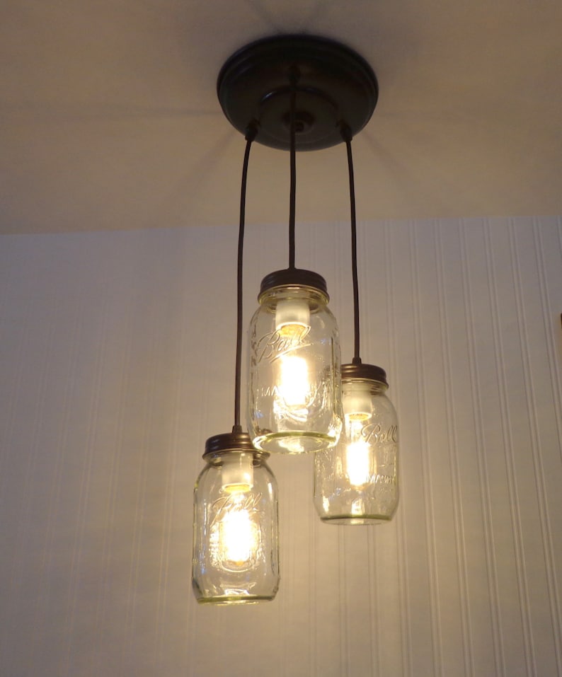 Mason Jar CHANDELIER Lighting Pendant Trio New Quarts Rustic Farmhouse Mason Jar Light Fixture Bathroom Kitchen Dining image 4