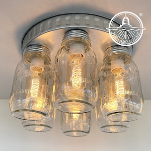 Rustic Mason Jar CEILING Light Fixture 6-Light Flush Mount-Vintage Antique Lighting Chandelier Farmhouse Kitchen Bathroom Lamp Laundry Room