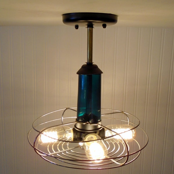 VINTAGE Fan Ceiling Light Shown with Edison Filament Bulbs & JADE GREEN Glass Flush Mount Industrial Rustic Loft Kitchen Bathroom LampGoods