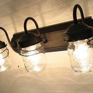 MASON JAR LIGHT Vintage Pint Bathroom Wall Sconce Trio Lighting Fixture of Mason Jar Ceiling Kitchen Farmhouse Rustic by LampGoods image 2