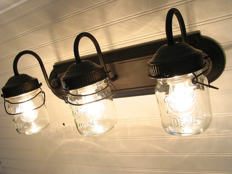 MASON JAR LIGHT Vintage Pint Bathroom Wall Sconce Trio Lighting Fixture of Mason Jar Ceiling Kitchen Farmhouse Rustic by LampGoods image 2