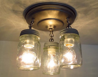 Canning Jar New Pint CEILING LIGHT Chain Trio - Mason Jar Chandelier Lighting Farmhouse Flush Mount Fixture Track Pendant Lamp Rustic Glass