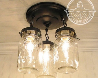Mason Jar LIGHT FIXTURE Chain Trio of Vintage Quarts - Rustic Farmhouse Chandelier Lighting Ceiling Antique Kitchen Pendant Bathroom Pantry
