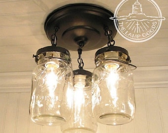 Mason Jar LIGHT FIXTURE 1930&#39;s Vintage Quarts Chain Trio  - Rustic Farmhouse Chandelier Lighting Ceiling Antique Kitchen Pendant Bath Pantry