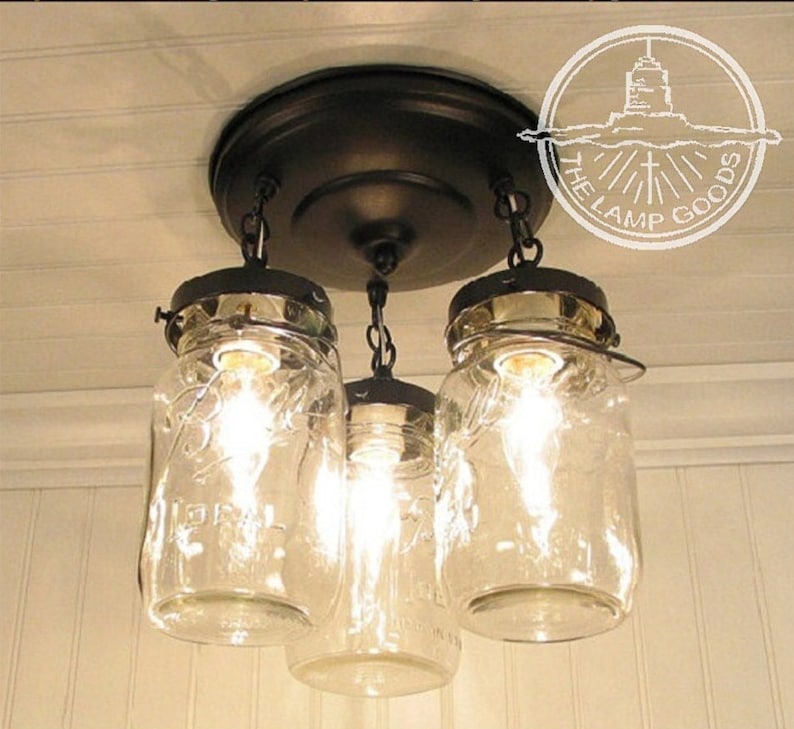 Mason Jar LIGHT FIXTURE Chain Trio of Vintage Quarts Rustic Farmhouse Chandelier Lighting Ceiling Antique Kitchen Pendant Bathroom Pantry image 1