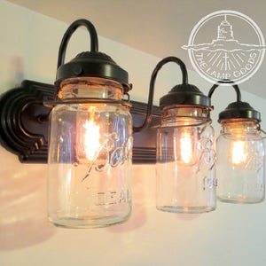 MASON JAR Lighting Fixture Wall Sconce Vintage Quart Trio Vanity Bathroom Light - Rustic Farmhouse Antique