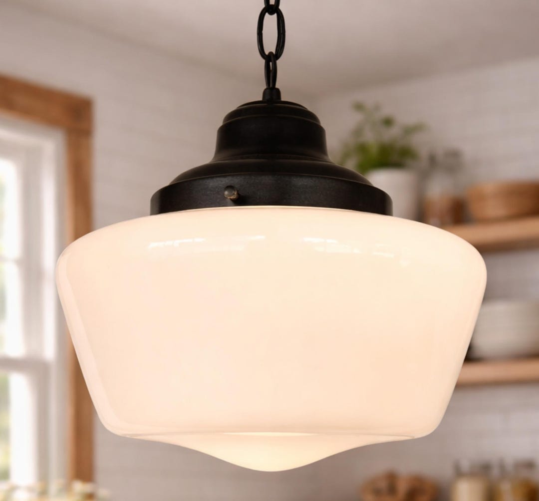 Black Semi-Flush Mount Ceiling Light – Milk Glass Schoolhouse Lamp For Hallway, Bedroom, Bathroom, Kitchen, Foyer, Transitional Style