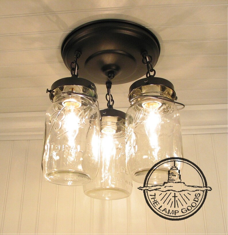 Mason Jar LIGHT FIXTURE Chain Trio of Vintage Quarts Rustic Farmhouse Chandelier Lighting Ceiling Antique Kitchen Pendant Bathroom Pantry image 5