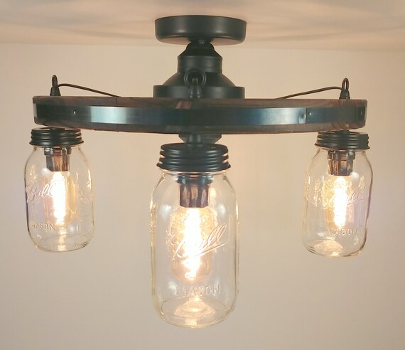 Wooden Wagon Wheel Ceiling Light Of Mason Jars Pendant Etsy