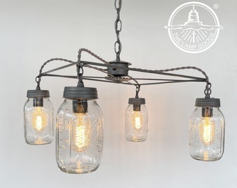 ONLY ONE! Mason Jar CHANDELIER Light Fixture Canning Lamp Pewter Farmhouse Hanging Kitchen Pantry Laundry Room Dining Bedroom Bathroom Light