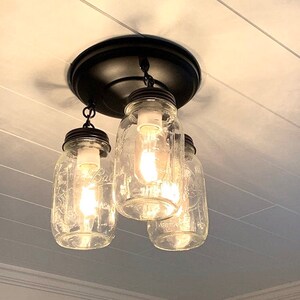 MASON JAR LIGHT Chain Trio Montaje empotrado New Quart Fan Fixture Rustic Farmhouse Colgante Glass Chandelier Lighting Canning Country Kitchen imagen 5