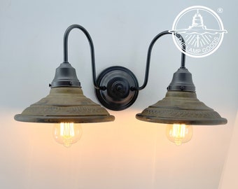 DOUBLE Rustic INDUSTRIAL Farmhouse Wall Light Fixture- Bathroom Sconce Cabin Cottage Metal Shade Lamp Modern Ceiling Lighting Kitchen Metal