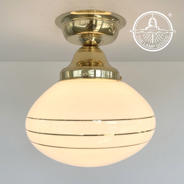 Stunning! Antique BRASS Vintage 3.0Milk Glass Ceiling Light Fixture Semi Flush Mount Schoolhouse Lighting Lamp Farmhouse Kitchen Bathroom010