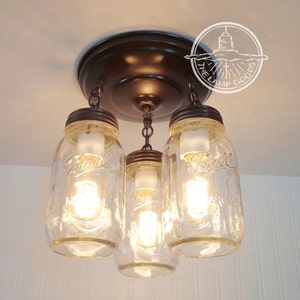 MASON JAR LIGHT Chain Trio Flush Mount New Quart Fan Fixture Rustic Farmhouse Pendant Glass Chandelier Lighting Canning Country Kitchen image 1