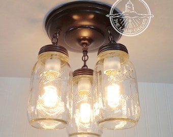 MASON JAR LIGHT Chain Trio - Flush Mount New Quart Fan Fixture Rustic Farmhouse Pendant Glass Chandelier Lighting Canning Country Kitchen