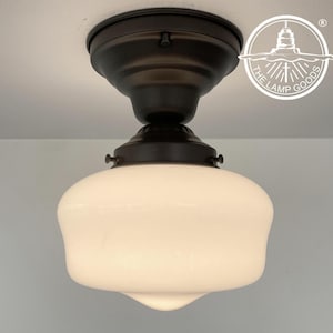 LOW PROFILE SCHOOLHOUSE 1940s Ceiling Light Fixture Farmhouse Flush Mount Chandelier Lighting Modern Traditional Kitchen Bathroom Milk Glass