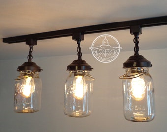 Mason Jar TRACK LIGHTING Chain Trio with Rustic Farmhouse Vintage Quarts -  Antique Glass Kitchen Light Fixture Industrial Bathroom Ceiling