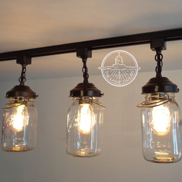 Mason Jar TRACK LIGHTING Chain Trio with Rustic Farmhouse Vintage Quarts -  Antique Glass Kitchen Light Fixture Industrial Bathroom Ceiling