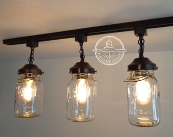 Vintage Mason Jar TRACK LIGHT Chain Trio - Mason Jar Lights Mason Jar Lighting Mason Jar Chandelier Farmhouse Antique Ceiling Rustic Track