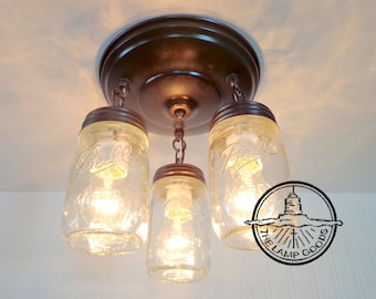 Mason Jar LIGHT FIXTURE New PINT Chain Trio - Flush Mount Farmhouse Ceiling Chandelier Pendant Lighting Rustic Kitchen Ball Track Bathroom