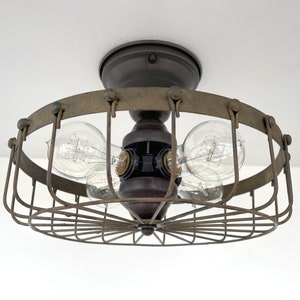 Rustic INDUSTRIAL Flush Mount Cage Ceiling Light Lighting Fixture Flush Mount Modern Farmhouse Chandelier Kitchen Cottage Cabin Man Cave image 6