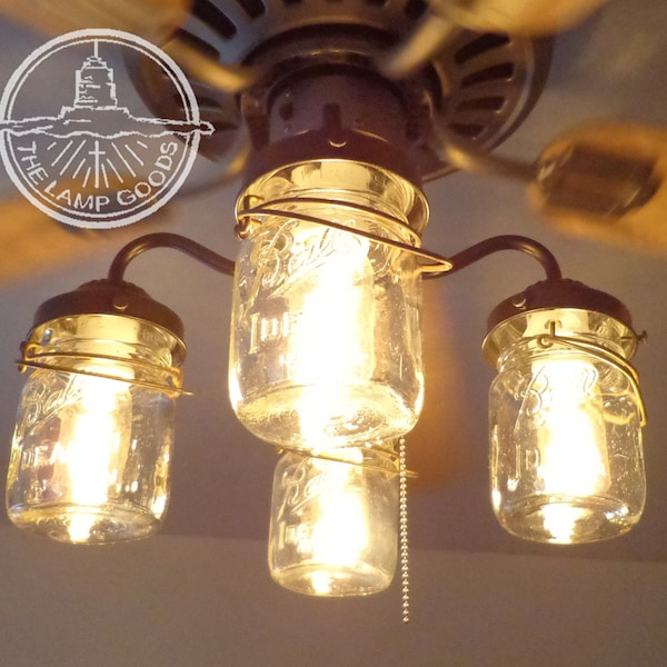 Rustic Mason Jar Ceiling Fan Light KIT ONLY with Vintage Pints - Farmhouse Lighting Fixture Chandelier Pendant Flush Mount Track
